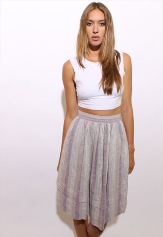 VINTAGE 1970'S 70'S STRIPED COTTON LINEN PASTEL SKIRT S-M