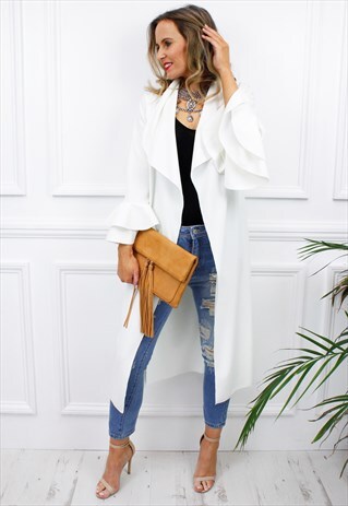 WHITE RUFFLE FRILL SLEEVE WATERFALL DUSTER COAT JACKET