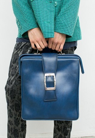 VINTAGE BRIEFCASE SQUARE DARK BLUE LARGE VEGAN FAUX LEATHER