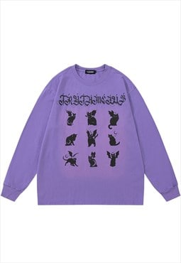 Goth cat long sleeve t-shirt grunge animal print top purple