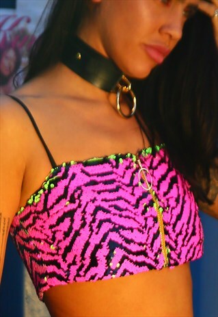 ANIMAL PRINT PINK & GREEN REVERSIBLE SEQUIN CROP TOP