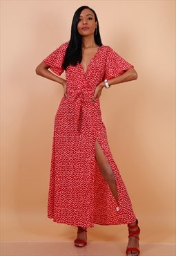 Wrap Front Split Leg Maxi Dress In Red Daisy Dot Print