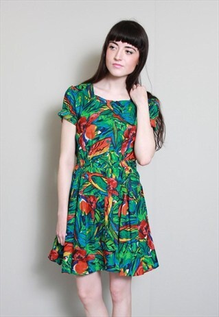 VINTAGE 1990'S GREEN TROPICAL PRINT MINI DRESS