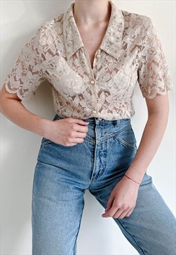 Vintage 80s Sheer Floral Short Sleeve Fitted Cream Blouse XS
