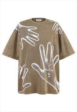 Palm print t-shirt hand graffiti top grunge punk tee brown