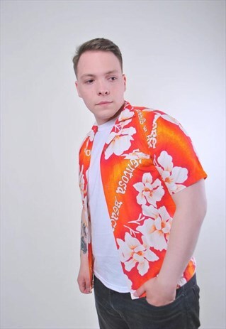 VINTAGE BRIGHT ORANGE MEN HAWAII FLOWERS SHIRT