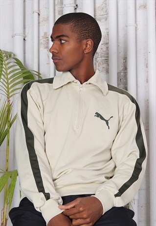 VINTAGE PUMA LOGO 1/4 ZIP TRACK TOP JACKET BEIGE GREEN