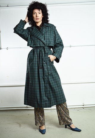 VINTAGE 80S CHECKED PATTERN MIDSEASON COAT MAC GREEN