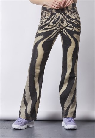 VINTAGE Y2K CAVALLI BEIGE/BLACK ZEBRA GLITTER FLARE JEANS