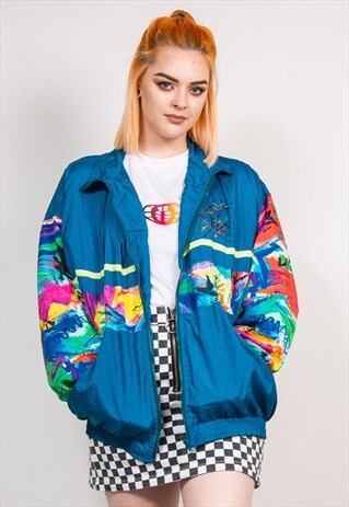VINTAGE 90'S TURQUOISE WAVEY PATTERN PANEL SHELLSUIT JACKET