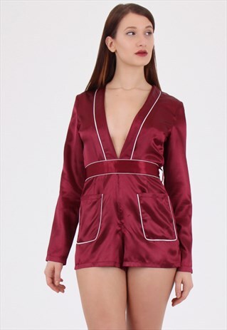 SATIN PLUNGE V NECK PLAYSUIT IN WINE