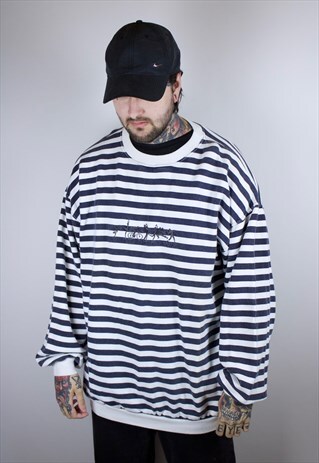 VINTAGE STRIPED SWEATSHIRT IN NAVY BLUE/WHITE WITH LOGO