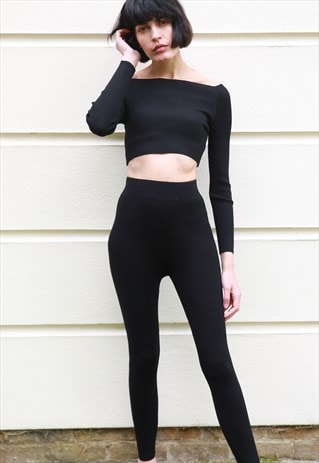 OFF SHOULDER CROP TOP LEGGINGS TRACKSUITS SUIT SET IN BLACK