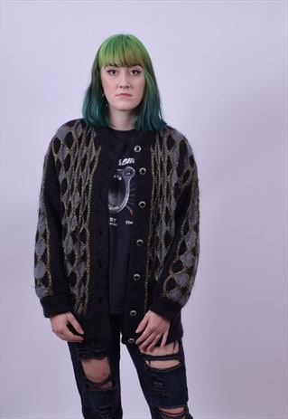 VINTAGE 80'S DIAMOND PRINT GRANNY MOHAIR CARDIGAN SIZE MED