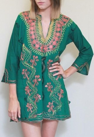 VINTAGE 1970'S PREMIUM EMERALD GREEN EMBROIDERED TUNIC