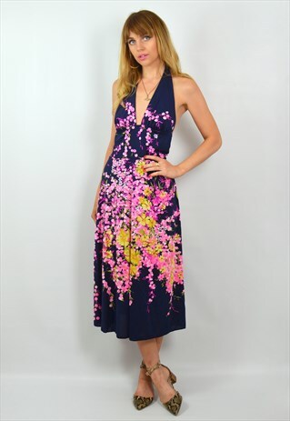 VINTAGE 70S NAVY FLORAL PRINT HALTER NECK SUMMER MIDI DRESS