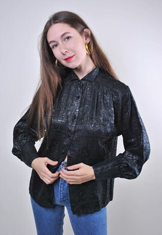 VINTAGE WOMAN EVENING BRIGHT BLACK BLOUSE