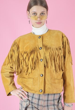 VINTAGE LEATHER JACKET IN YELLOW SUEDE WITH FRINGE DETAILS