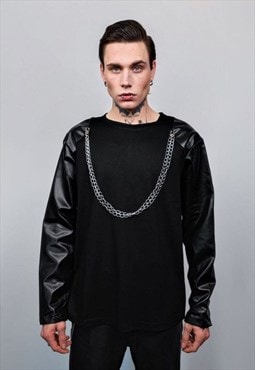 Faux leather sleeves sweatshirt chain attachment punk jumper