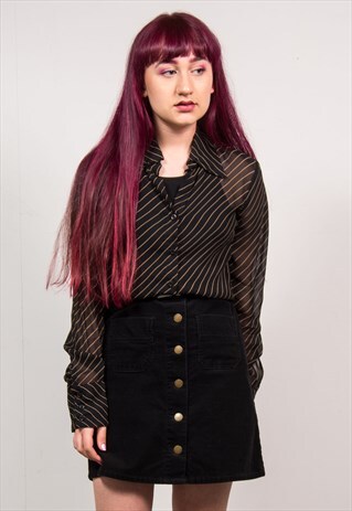 VINTAGE 90'S BLACK STRIPED PATTERN SHEER Y2K GRUNGE SHIRT
