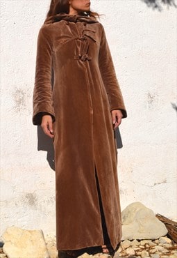 Vintage 60s 70s boheme brown velvet maxi long hooded coat