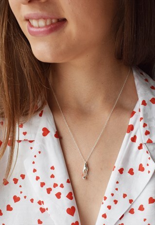 SILVER DELICATE NECKLACE WITH HAND HOLDING A ROSE HANDMADE