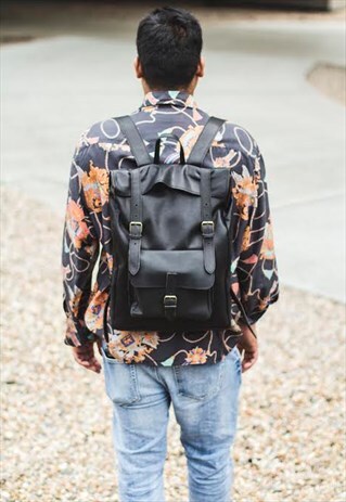 BLACK HUNTER LEATHER MESSENGER BACKPACK