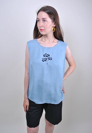 80S BLUE FLOWERS TANK TOP, VINTAGE SLEEVELESS HALTER TOP