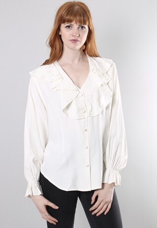 VINTAGE 80S CREAM EMBROIDERED RUFFLE BLOUSE