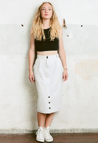 VINTAGE 80S WHITE STRIPED PENCIL MIDI SKIRT