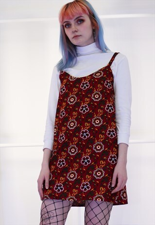MAROON CORDUROY SLIP DRESS WITH ABSTRACT PRINT