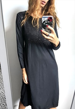 BLACK SIMPLE SEQUIN MIDI EVENING COCKTAIL SHINY DRESS S M