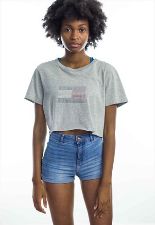 VINTAGE TOMMY HILFIGER LOGO CROP TOP T SHIRT 90S L 3.3