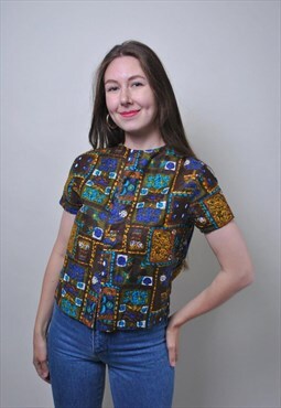 Vintage women blouse, 90s abstract pattern short sleeve top