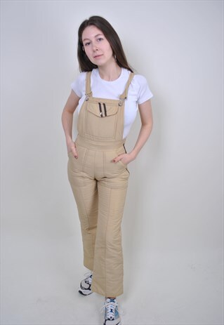 80S SKI SUIT PANTS, VINTAGE BEIGE SUSPENDERS SKI TROUSERS