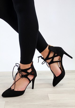 BLACK STILETTO HIGH HEEL LACE UP POINTED SANDALS