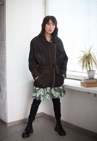 VINTAGE SOFT LEATHER AVIATOR STYLE BELTED JACKET IN BROWN