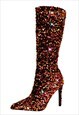 SEQUINS POINTED TOE STILETTO KNEE BOOTS