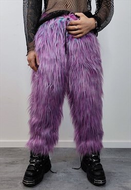 Shaggy faux fur joggers rave pants neon fluffy ski trousers