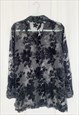 80S BLACK SHIMMER SHEER VELVETEEN FLORAL LONG BLOUSE SHIRT