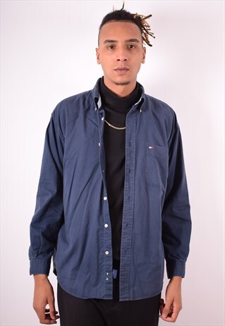 TOMMY HILFIGER MENS VINTAGE SHIRT LARGE BLUE 90S