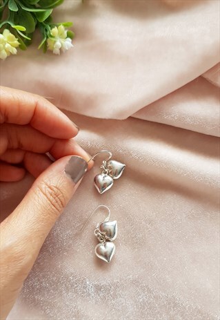 VINTAGE STERLING SILVER 3D HEART EARRINGS