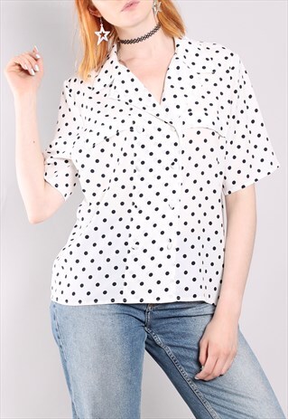 VINTAGE 80S WHITE POLKA DOT DOUBLE BREASTED BLOUSE TOP