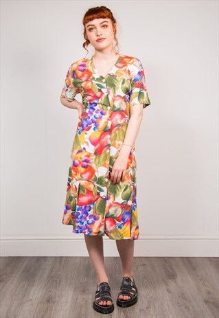 90'S BRIGHT FLORAL PATTERN SUMMER MIDI DRESS