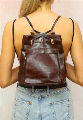 1990S VINTAGE BROWN REAL LEATHER BACKPACK