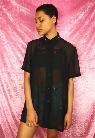 BLACK SHEER SHIRT WITH EMBROIDERY