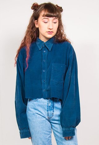 VINTAGE 90'S DARK BLUE CORD CROPPED LONG SLEEVE SHIRT