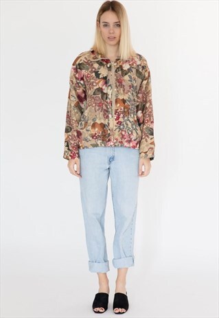 VINTAGE 80S BEIGE AUTUMN FLOWER BOMBER JACKET