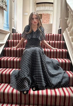 70's Vintage Black White Polka Dot Ruffle Dress