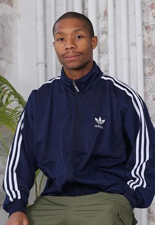 VINTAGE ADIDAS LOGO THREE STRIPE TRACK JACKET NAVY BLUE